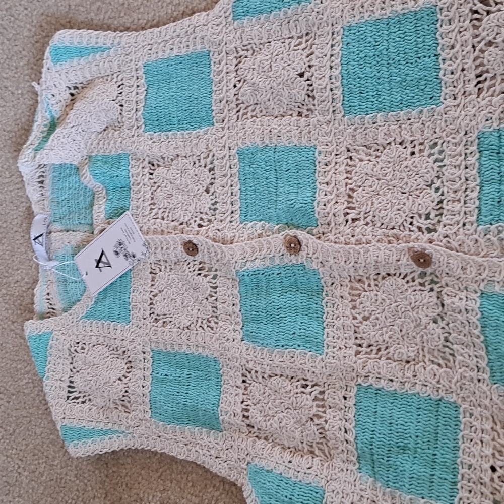 AZ Crochet Vest and Skirt Set in Cream and Turquoise - Picture 3 of 8